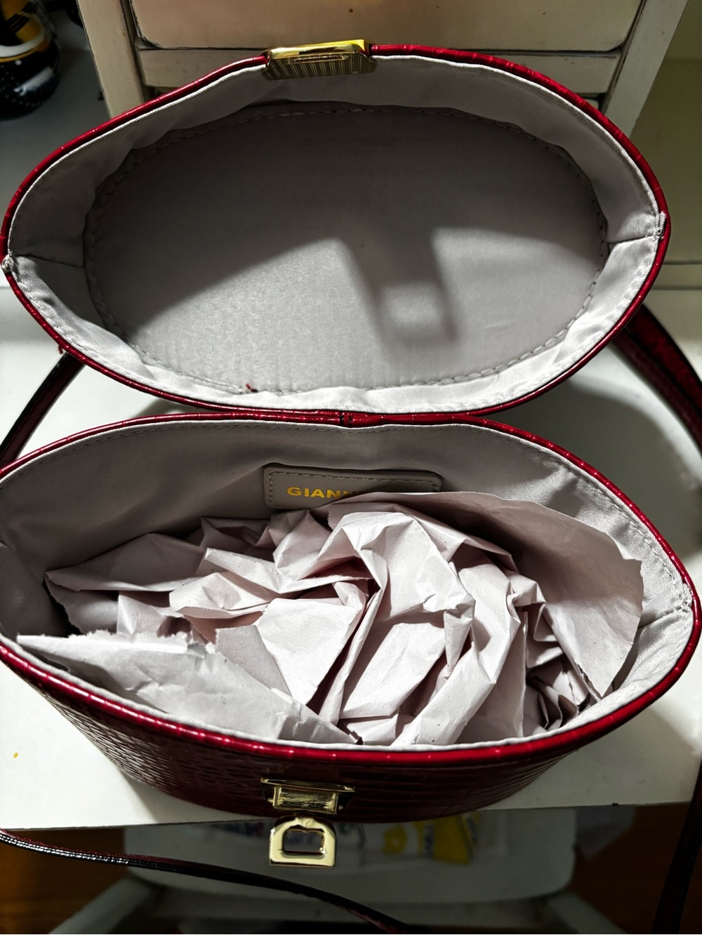 Red Croc-Embossed Top Handle Bag with Gold Hardware - Picture 4 of 9